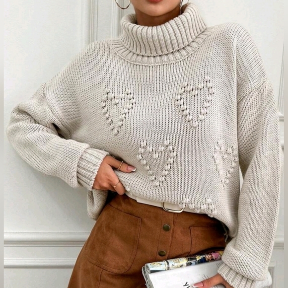 New Chic Knit Textured Heart Turtleneck Sweater Top Beige Tan - Picture 5 of 7